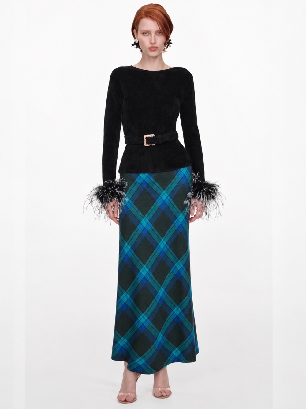 Custom Wool Blend Tartan Plaid Maxi Skirt Blue Green Bias Cut Holiday Winter M
